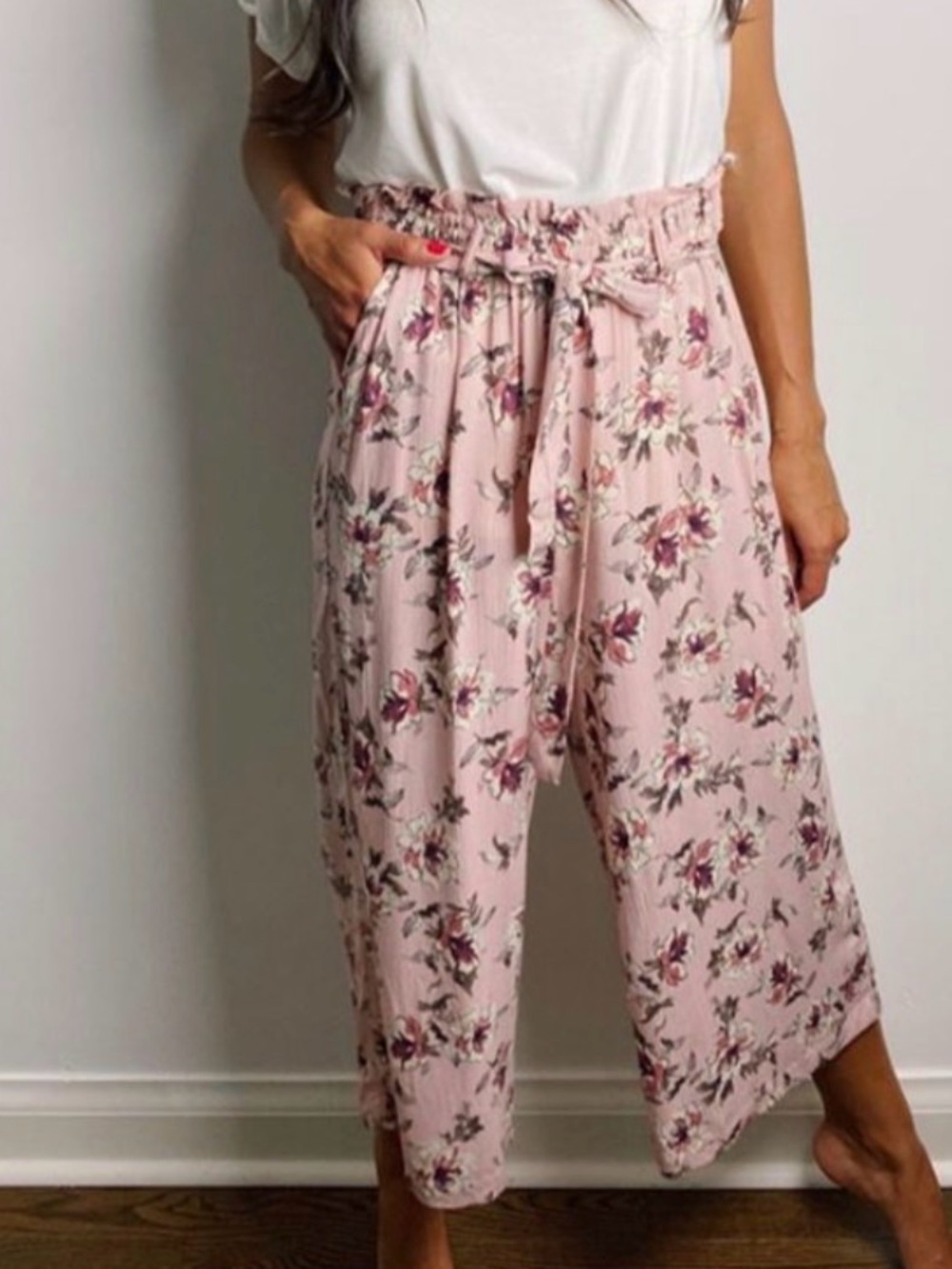 Floral Paperbag Waist Wide-Leg Pants - Pink